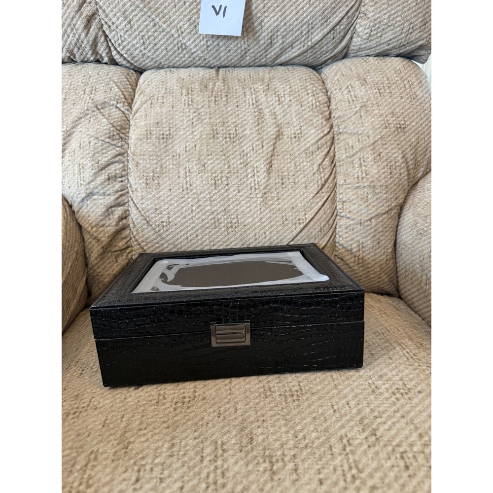 CosmoTime 10 Slot Watch Box Black Croc Embossed Orange Velvet Interior Organizer